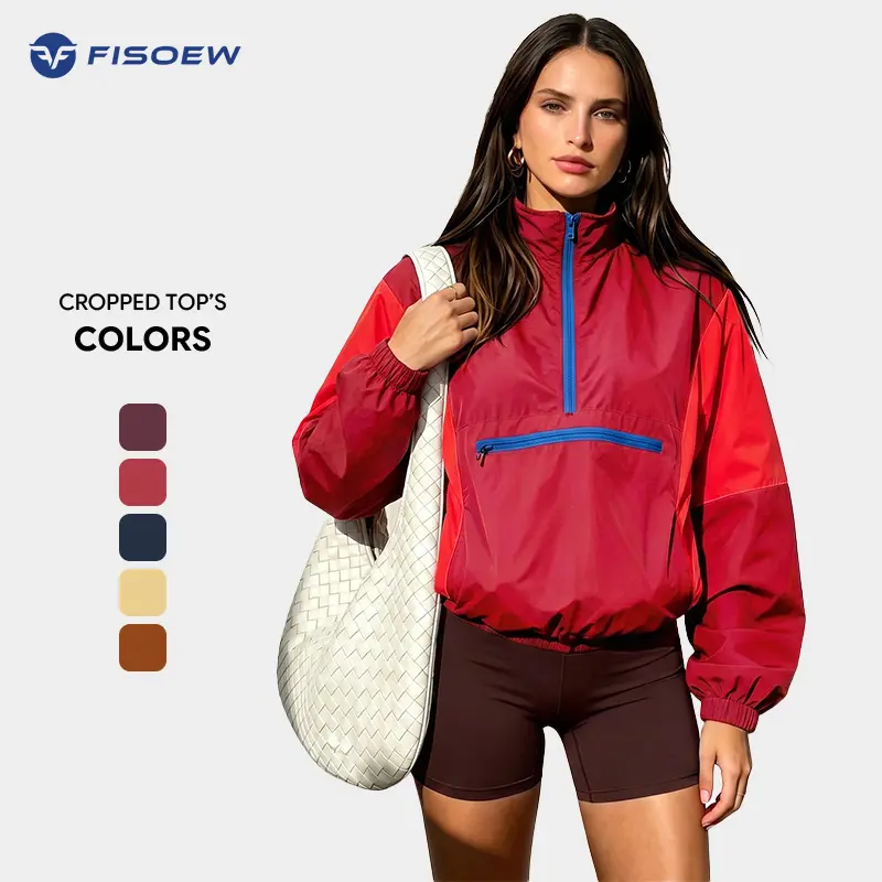 Fisoew Women Color Block Half Zip Windbreaker Jacket Casual Long Sleeve Stand Collar Pullover Outerwear With Zipper Pocket Elastic Smooth