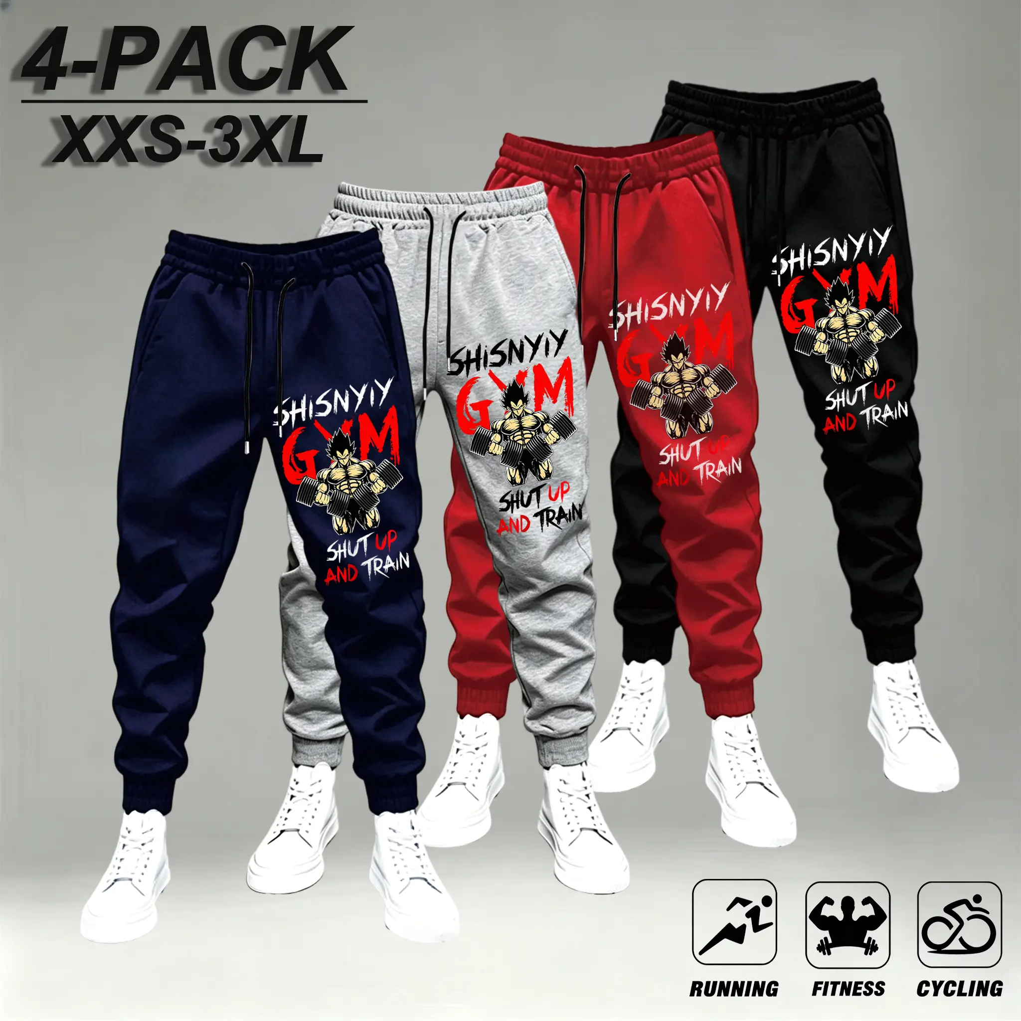 Shisnyiy Gym 4-Pack Sweatpants in Black White Red Navy for Running Fitness Cycling XXS-3XL,Men Anime Gym Graphic Jogger Sweatpants Elastic Drawstring Waist Tapered Fitness Training Streetwear Athletic Trousers,fall anime gym layering sweatpants