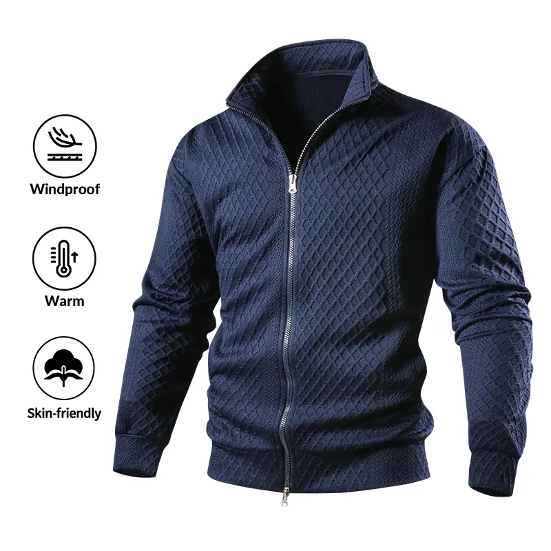 Diamond Pattern Full Zip Stand Collar Jacket | Windproof Warm Casual Business Layering Coat, Men’s Diamond Textured Full Zip Stand Collar Jacket – windproof, warm, skin-friendly business casual layering coat, streetwear outerwear for men Coats Jackets