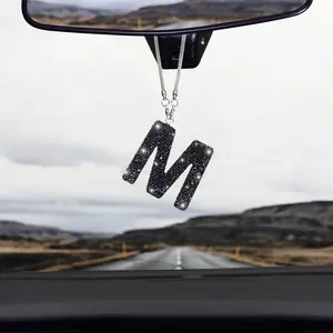 Black Bling Car Mirror Hanging Accessories, Diamond Crystal Rhinestone Letter M Hanging Ornament, Cute Lucky Bling Black Car Charm for Women (Red,M)