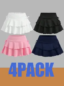 4pack, 4-piece set of pure color knitted fashionable double-layer ruffle edge short skirt for teenagers, suitable for casual play, sports, parties, slimming and slimming, simple, versatile and elegant, suitable for spring, summer and autumn, machine washa