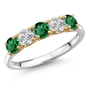 Gem Stone King Green Nano Emerald and Lab Grown Diamond Wedding-Bands Ring For Women | 925 Silver and 10K Yellow Gold | Round 4MM | Wedding Engagement Anniversary Promise Ring | 1.44 Cttw