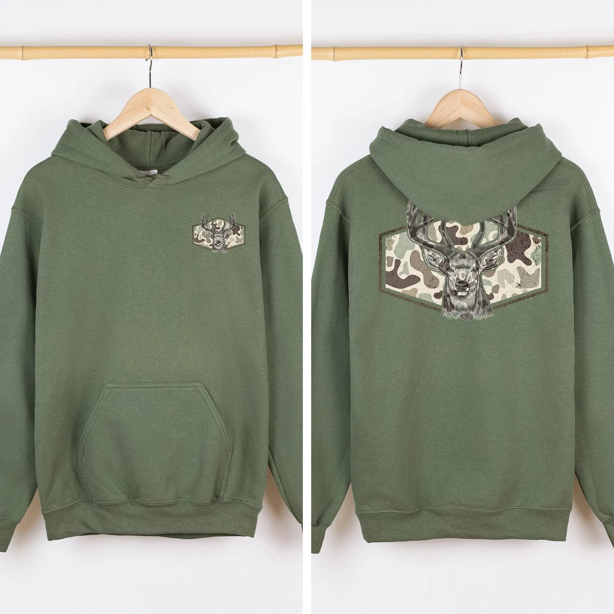Deer Hunting, Camo, Front and Back, Outdoors Hooded Sweatshirt