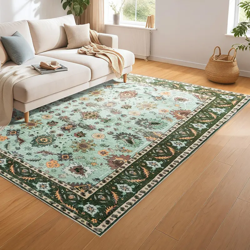 Green Large Faux Wool Throw Rug, 0.3″ Low Pile & Non-Shedding Boho Large Carpet Rugs,Washable Floral Print Rugs for Living Room,Dining Room, Bedroom, Office,Non-Slip Backing Floor mat,,4x6 Feet,5x7 Feet,6x9 Feet rugs living room