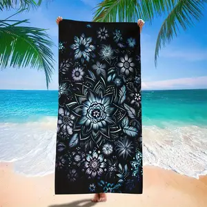 1pc Bohemian Mandala Flower Tapestry - Black & White Floral Design, Microfiber Beach Blanket for Home Decor, Bedroom,Living Room