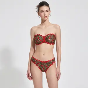Lumiara Studio Womens Leopard Print Bikini Set Cherry Embroidery Two Piece Swimsuit Scalloped Edge Bandeau Bathing Suit 2026
