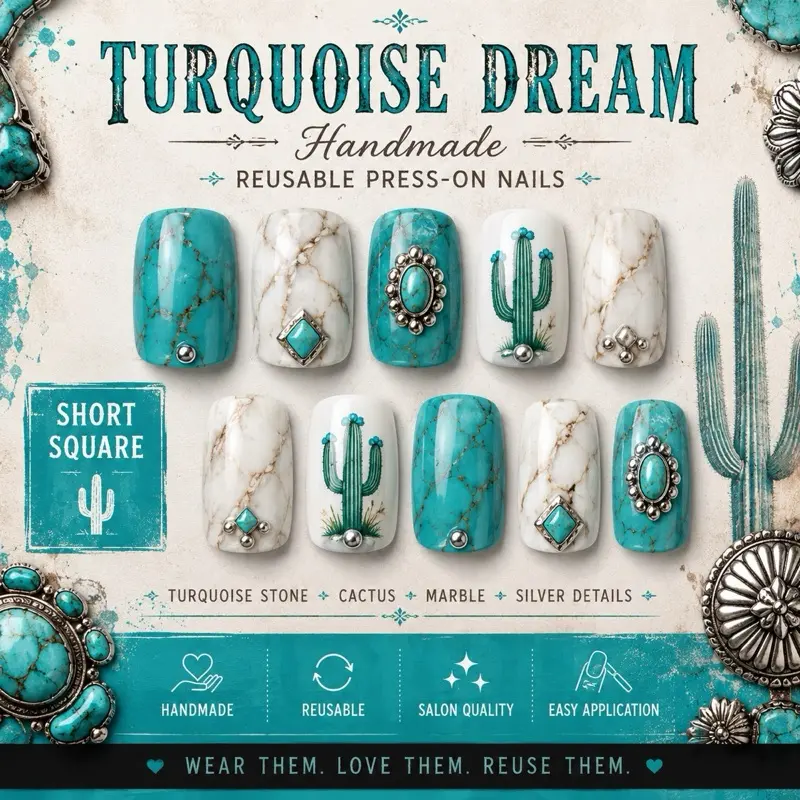 Turquoise Dream version 2 Square-Handmade Custom Fit 10 Piece Set with Marble Print Stone Accent & Gold Details