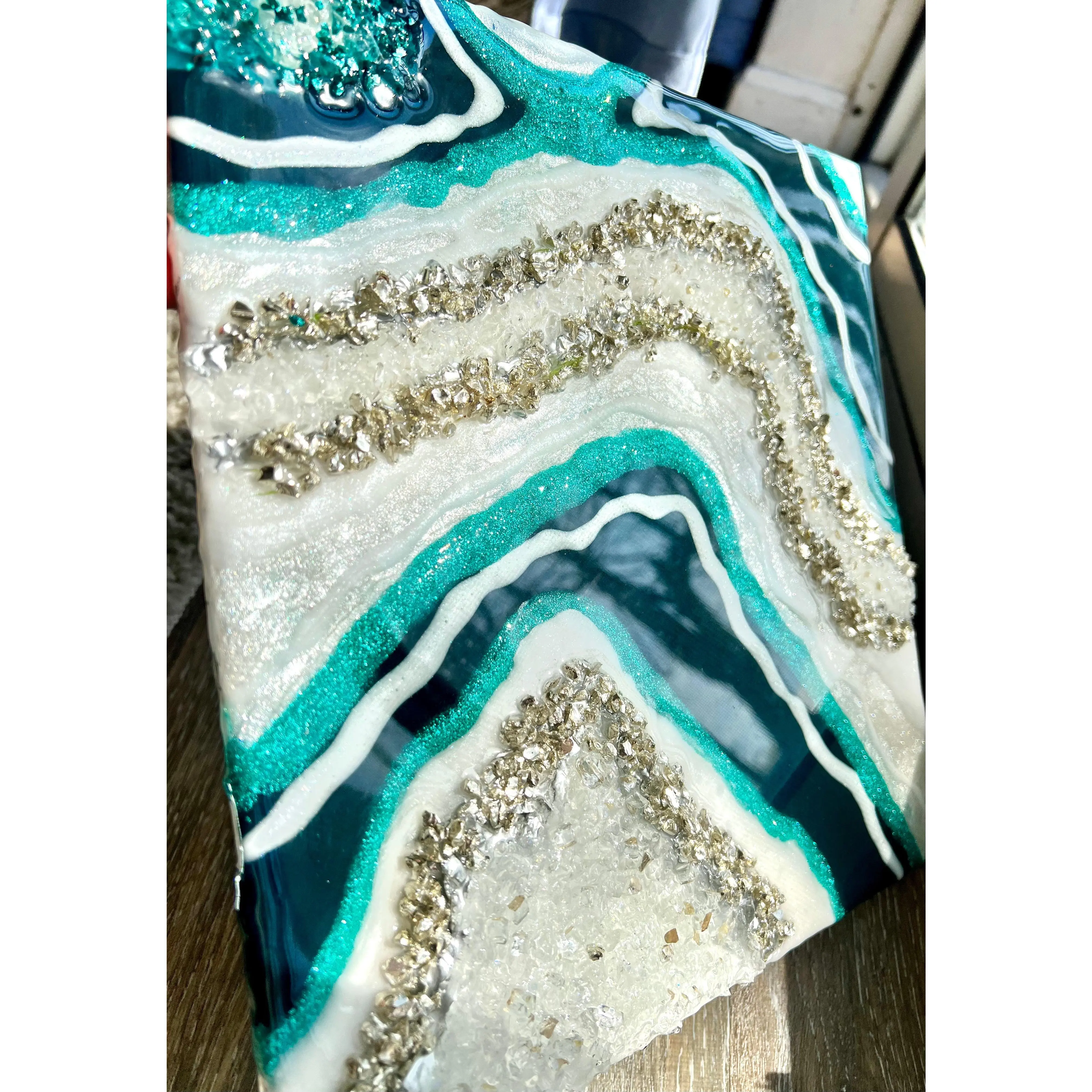 12" x 12" Turquoise and Silver Resin Geode Painting