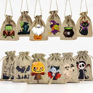 Halloween Jute Snack Bags Set, Pumpkin Card & Drawstring Design, 6x4 Inch Reusable Candy Bags for Party Gifts (fun Style)