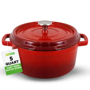 5 Qt Dutch Oven - Red | Even Cooking Porcelain Enamel Cast Iron Pot with Lid - Heavy-Duty Cookware - Oven Safe up to 500°F, Induction Compatible – For Baking, Stews & Family Meals - Kitchen Cooking Accessory