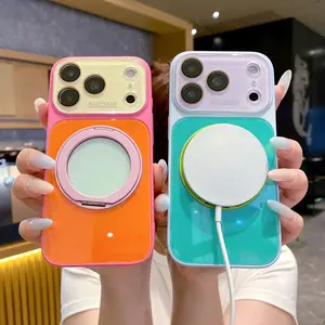 360° Rotatable Ring Stand Magnetic Candy Color iPhone Case for iPhone 17 16 15 14 Pro/Pro Max, Shock-Absorbing Drop Protection, MagSafe Wireless Charging & Car Mount Compatible, Cute Color-Block Cover for Women Girl