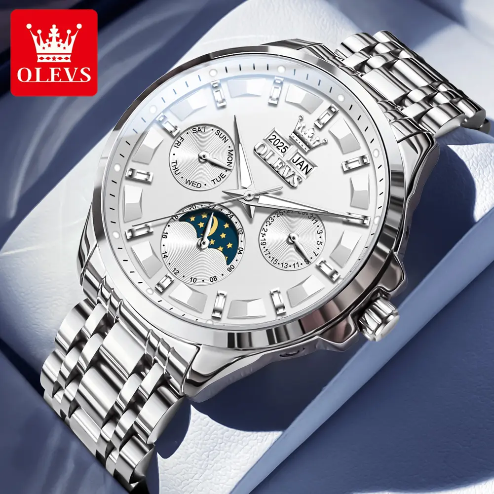 OLEVS Men's Modern Mechanical Watch, 42.5mm Stylish Analog Metal Alloy Design with Luminous Display, Metal Buckle, 30M-50M Waterproof, 6-Month Warranty - Model 7070, 6 Months, Round Shape, Male Watch, Everyday Wear, Mineral Glass