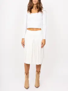 Kin Amora Western Skirt - White High-Waisted Knee-Length Pleated Skirt with Structured Waistband & Button Detailing