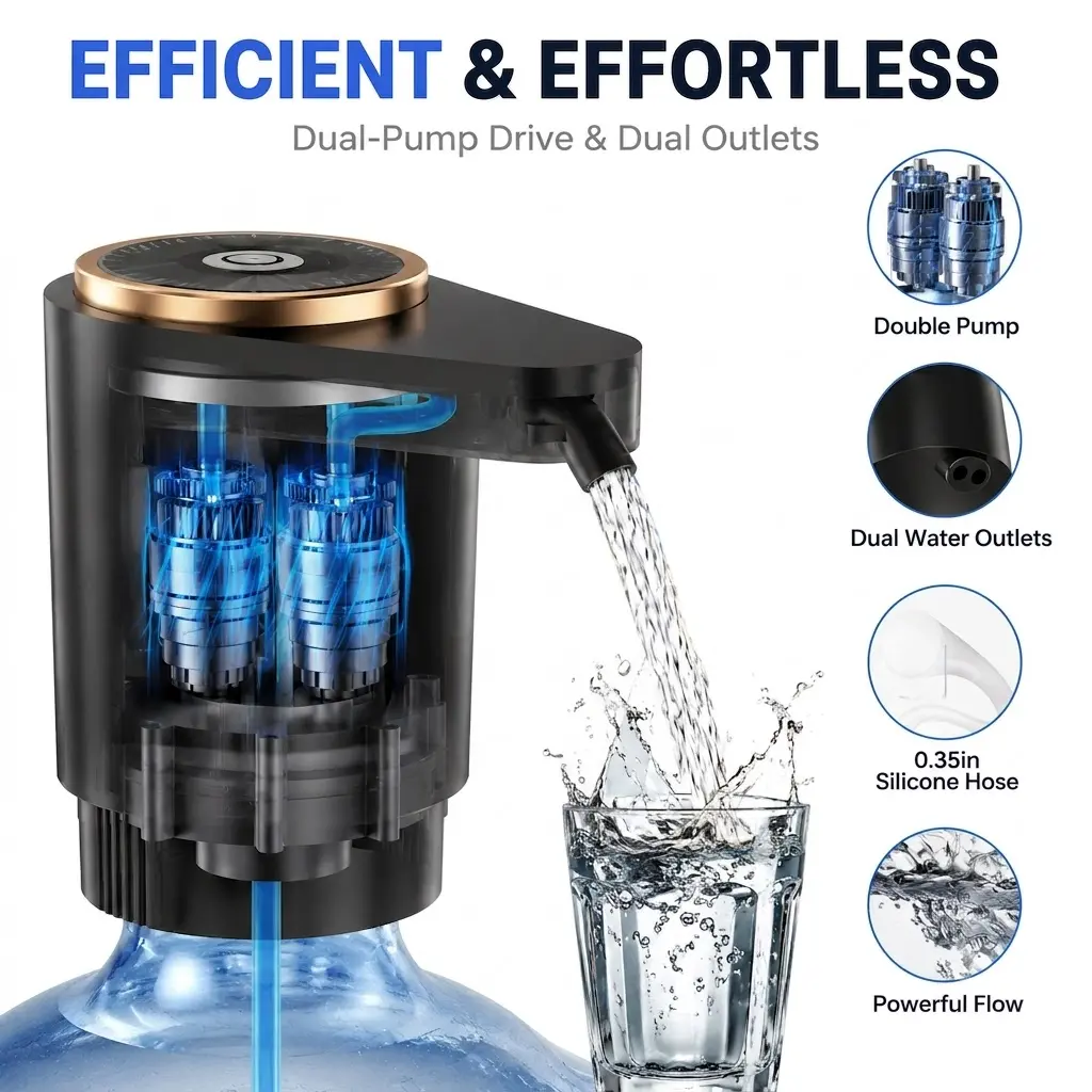 WaterPumpforHome/Office/Camping/RV–Upgraded5GalDispenser, USB-CQuickCharge, DualPowerful Motors,InstantFlow,NoInstallWaterJugPumpfor5GallonBottle–PortableElectricUSB-CChargingDispenserDualPowerfulMotorsFastFlowFits2-5GallonJugs–IdealforHomeOfficeCampingRV