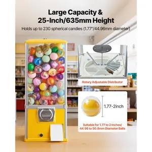 VEVOR Gumball Machine, 25 inch Height Candy Vending Machine Dispenser, 25-Cent Vending Machines for Shopping Malls, Supermarkets, Amusement Parks, Arcades, Holds Up to 230 1.77 inch Spherical Candies