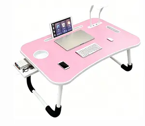 Foldable Laptop Table Portable Bed Desk with Cup Holder Tablet Slot & Handle for Working Writing Drawing Eating Multi Functional Large Size Desktop 65x44x6 inches