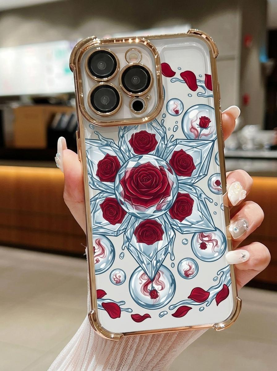 Advanced Ice Crystal Rose Phone Case Supports iPhone 12/13/14/15/16/17 Full Series Pro/ProMax/Plus Ice Blue Water Pattern Decoration, Four Corner Thickened Airbag Design Anti Drop Protection Phone Case