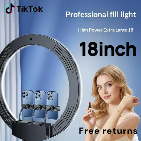 18 in Metal Selfie Ring Light with 1.86m Retractable Tripod Mount Stand, 3 Smartphone Holders, Simple Light Warm/Cool/Daylight Settings, Pro Results for Content Creators, Photography | Tripod Mount Selfie Accessories, Mobile Phone Electronics