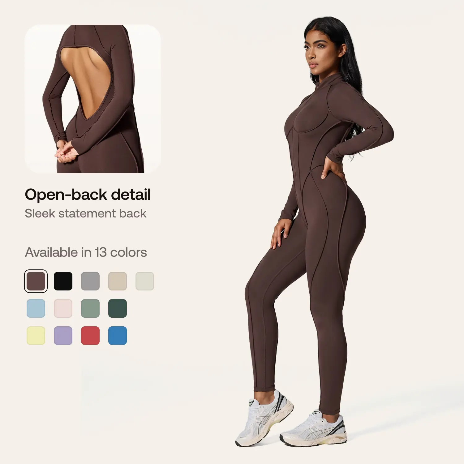 BetterMe Women's Shaping Adjustable High Elasticity Jumpsuit - Long Sleeve, Zip-Front, Open-Back Compression, Breathable Choco Sports Overalls, Pilates Outfits, Workout Overalls, Fitness Jumpsuits for Women
