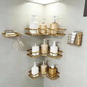 Bathroom Corner Shelf Set Of Five Pieces, Self-Adhesive Stainless Steel Material, No Drilling Required, Rustproof And Durable, Pink Bathroom Decor Accessories, Shampoo And Body Wash Storage Basket, Large Capacity Hollow Circular Design.