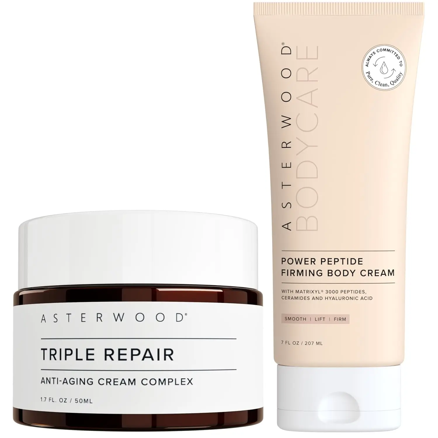 Asterwood Anti-Aging Peptide Bundle: Triple Repair Facial Cream (1.7 Fl Oz) & Power Peptide Firming Body Cream (7 Fl Oz) - Matrixyl 3000 & Argireline Duo