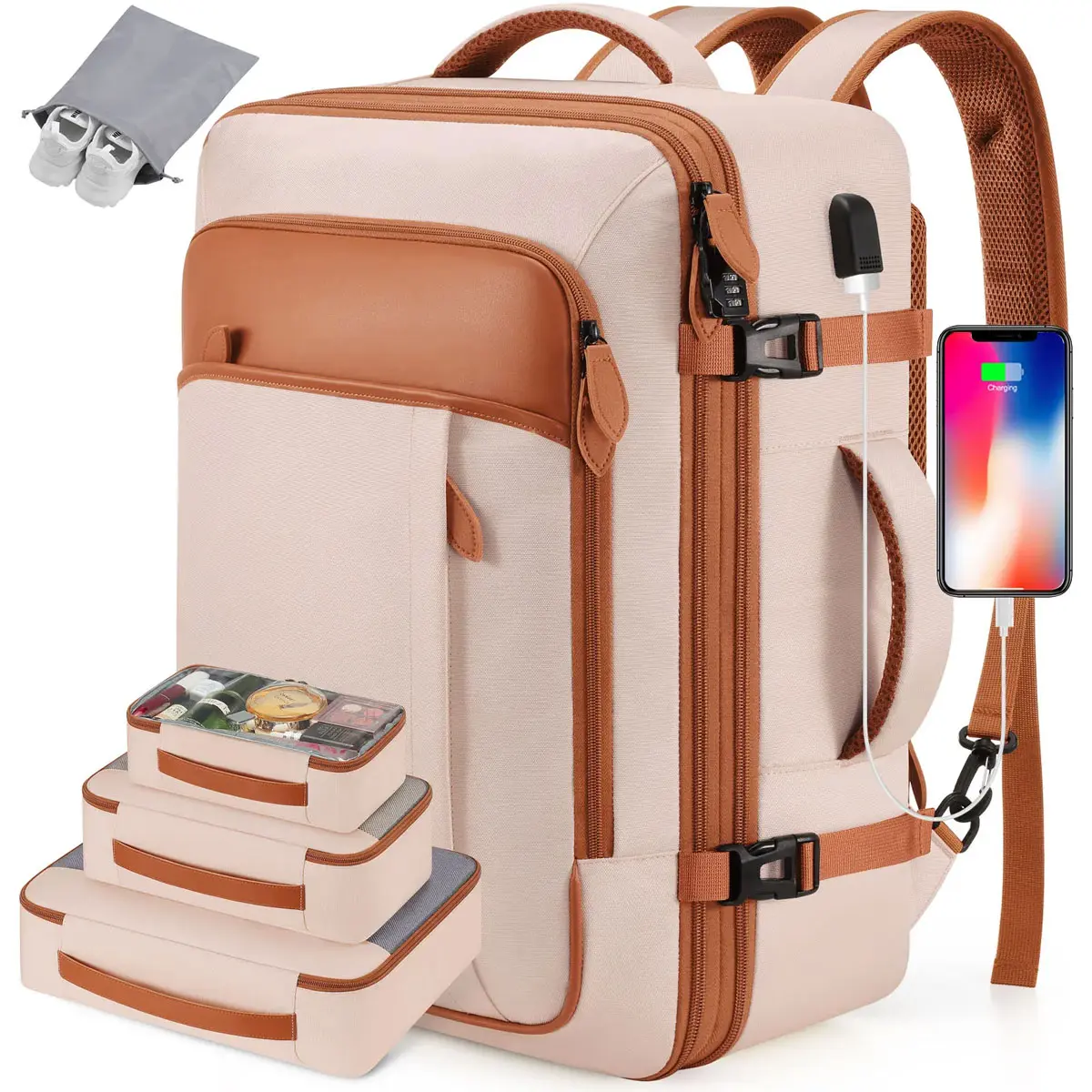 Carry On Travel Backpack 42L Expandable Flight Approved Luggage Bag with 4 Packing Cubes Shoe Pocket 17 Inch Laptop Compartment USB Charging Port Water Resistant Weekender Rucksack TSA Friendly Personal Item Business College Outdoor Backpack Men Women