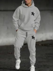 Men's Fashion Casual Two-Piece Set, Streetwear Tracksuit Set, Ny Letter Print Hoodie and Drawstring Pants, Spring Fall Winter Sports Wear, Loose-Fit Long Pants