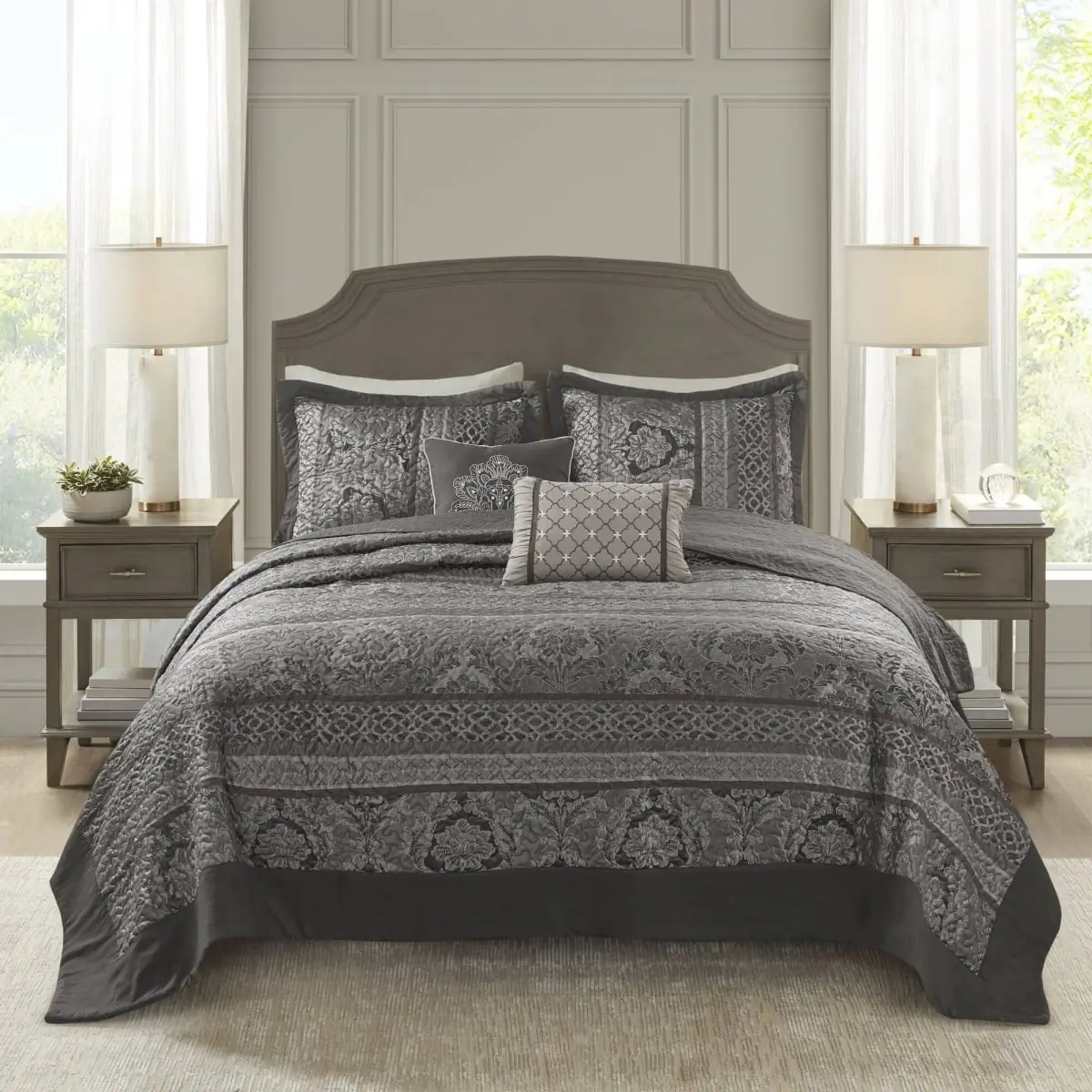 360 Stand King Size Bed 5-Piece Reversible Jacquard Bedspread Set - Bellagio Motif, Quilted Weave, Gray, Traditional Look