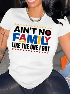 Women's & Suitable for Men's 100% T-Shirt - "Ain't No Family Like The One I Got" Colorful Letter Print, Soft Loose-Fit Round Neck Short Sleeve Tee, Spring Summer Casual Outfits for Summer Parties, Family Matching Outfits (-Line)