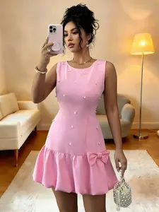 Women's Summer New French Elegance Pearl Embellished Bow Decor Round Neck Fitted Sleeveless Mini Dress, Stylish and Chic Fashion