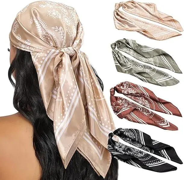 4PCS Head Scarf for Women 35” Silk Feel Hair Scarf | Satin Neck Scarfs, Square Bandana Hair Wraps, Head Scarves for Sleeping, Travel, Hair Protection, Daily Wear