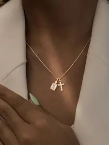 Women's Stainless Steel Chain Dainty Necklace, Rectangular Crystal Classic Cross Pendant Design, Plated, Casual Style Jewelry Accessory