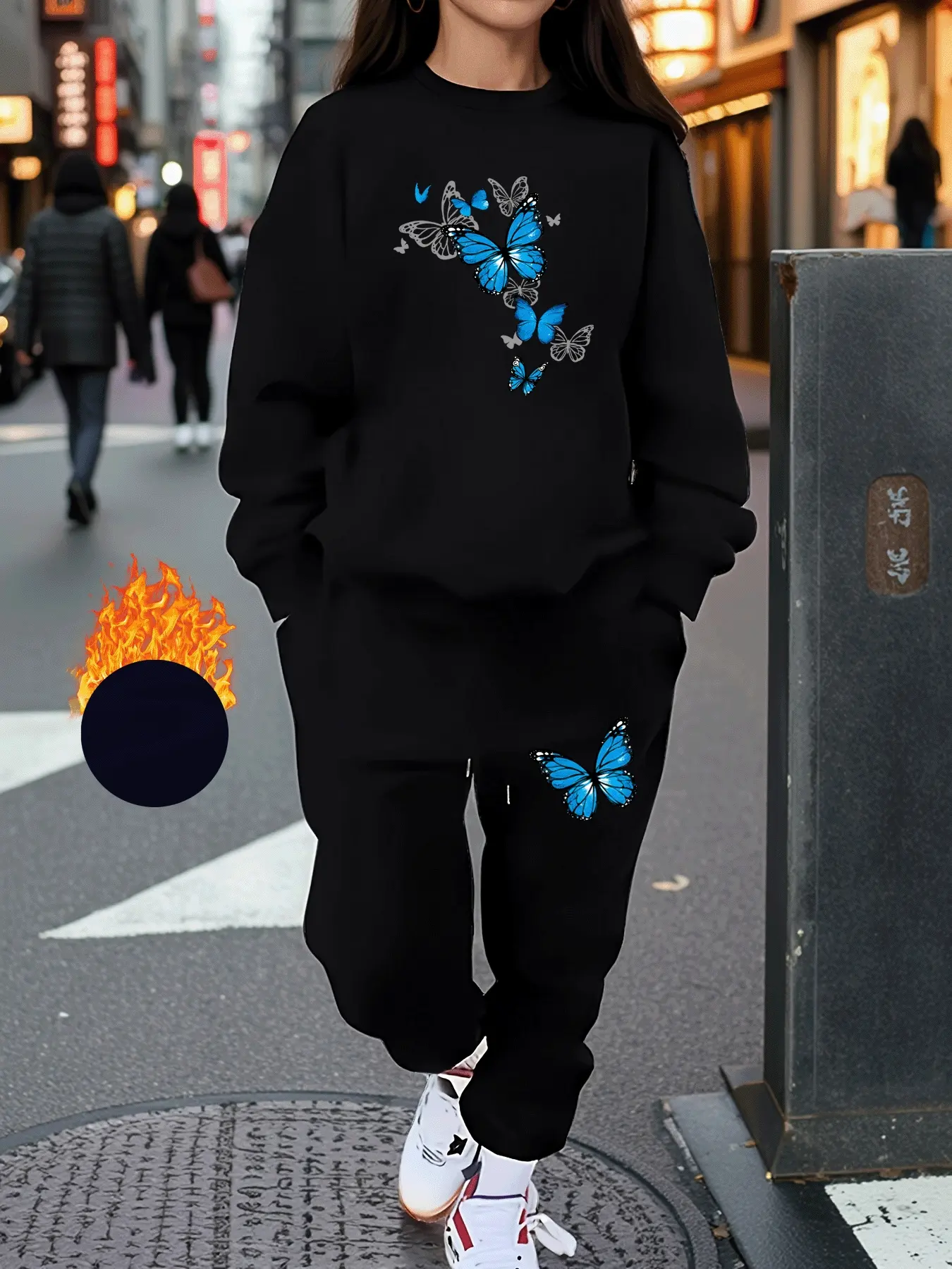 Women's Plus Size Fall Winter Fleece Set, Blue Butterfly Print Sweatshirt & Pants, Casual Long Sleeve, Pockets, Warm Sporty Style