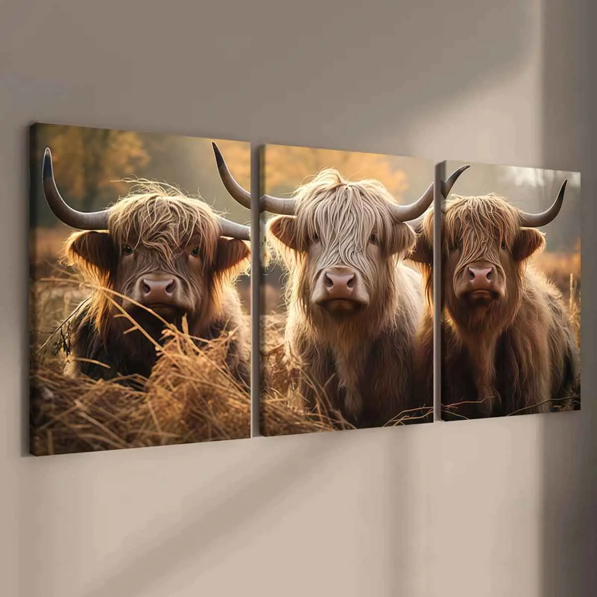 3-Piece Modern Art Canvas Picture Image Prints, Solid Wood Framed Highland Cow Posters, Wall Art Painting, Waterproof Western Wall Art Decor for Living Room & Bedroom, Artistic Indoor Decoration