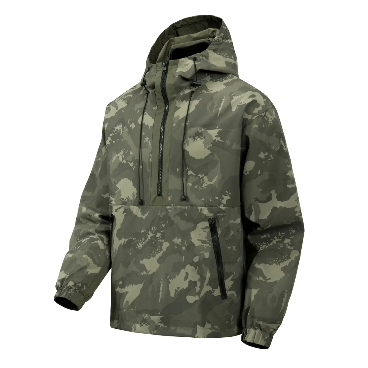 Men Camo Half Zip Hooded Anorak Jacket, Dark Green Camouflage Pullover Windbreaker, Waterproof Zipper Pockets Adjustable Drawstring Hood Outdoor Tactical Outerwear