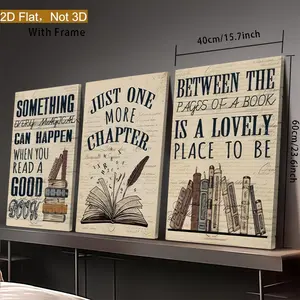 2D Flat Wall Art, 3-Piece Library Reading Poster Set, Vintage Classroom and Library Decoration, Book Club Wall Painting, Gift for Book Lovers, Reading Room Wall Decor, 2D Flat