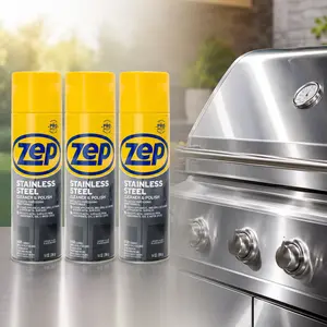 ZEP 14 oz. Stainless Steel Polish,appliance polish,metal brightener,kitchen cleaner,restaurant equipment,food prep area,breakroom,microwave exterior,range hood,oven door,backsplash,bar sink,watermarks,grease residue,handprints,protective film,shiny finish