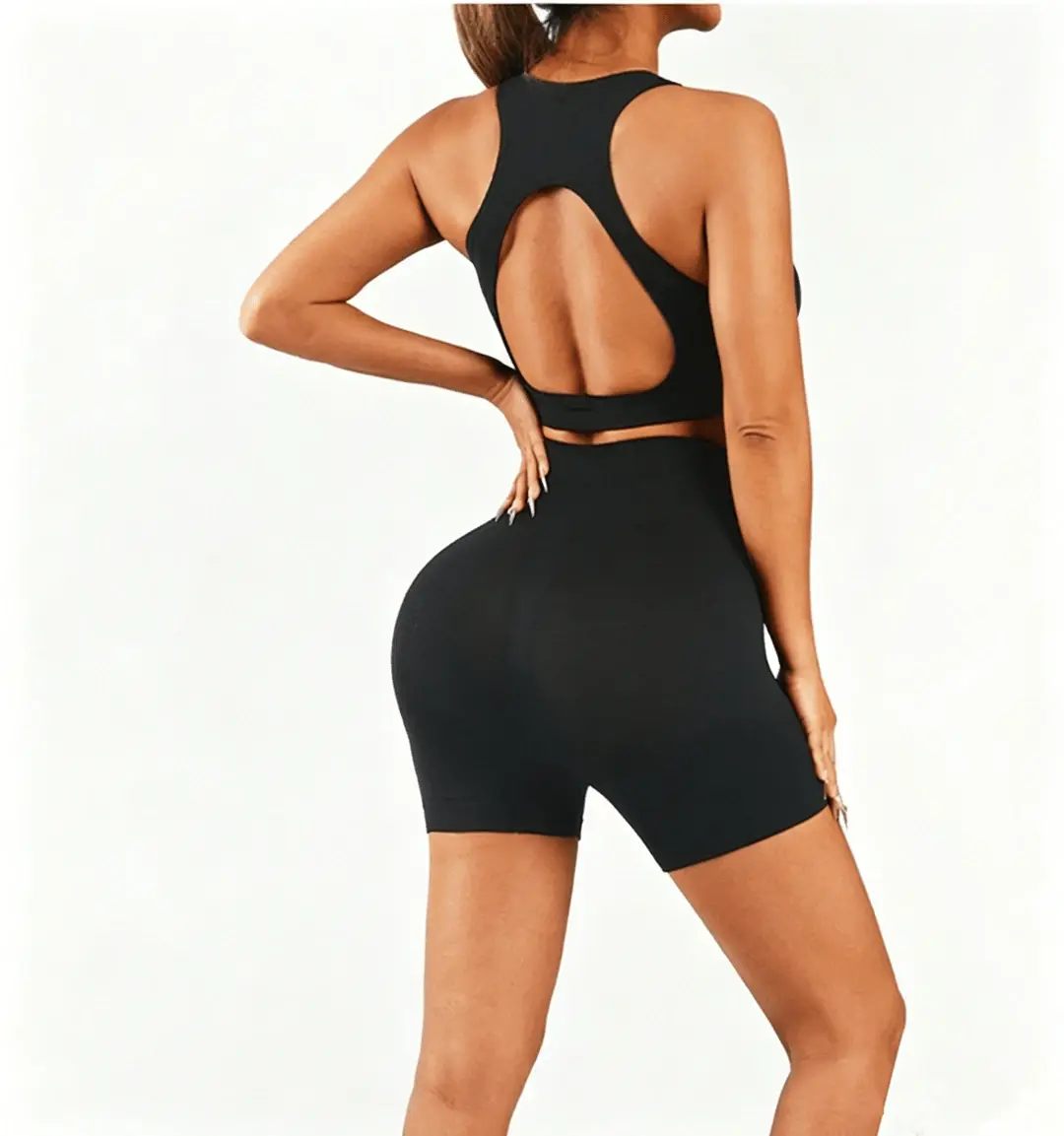 Women Seamless 2 Piece Yoga Set, Hollow Cutout Racerback Bra High Waist Butt Lifting Biker Shorts Stretch Gym Outfit, 3 Colors Black Grey Coffee Brown
