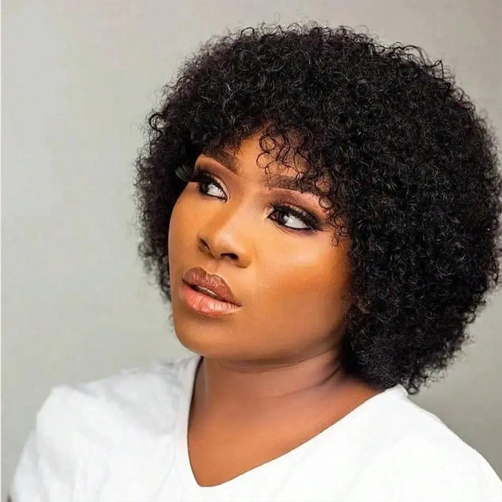 [Live only]ShowReal Short Curly Pixie Cut Human Hair Wig With Bangs Full Machine Made  Natural Black Glueless Human Hair Wigs Beginner Friendly For Women Daily Use