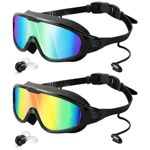 Swimming Goggles, 2 Pairs Anti-fog & UV Protection Diving Googles with Earplugs, Wide Field Of View Clear Vision Swimming Goggles, Diving Gear