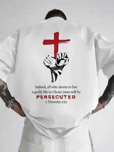Men'S T-Shirt Featuring a Christian Verse from 2 Timothy 3:12, Highlighting a Godly Life in Christ.This Casual Shirt Has a Loose Fit And Showcases a Design with a Red Cross And Hands, Perfect for Church And Outdoor Activities, Plus Size