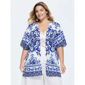 BloomChic Women's Plus Size Ethnic Floral Majolica Print Kimono, Boho Open-Front Polyester Summer Cover-Up, Women's Clothes Blue Fit