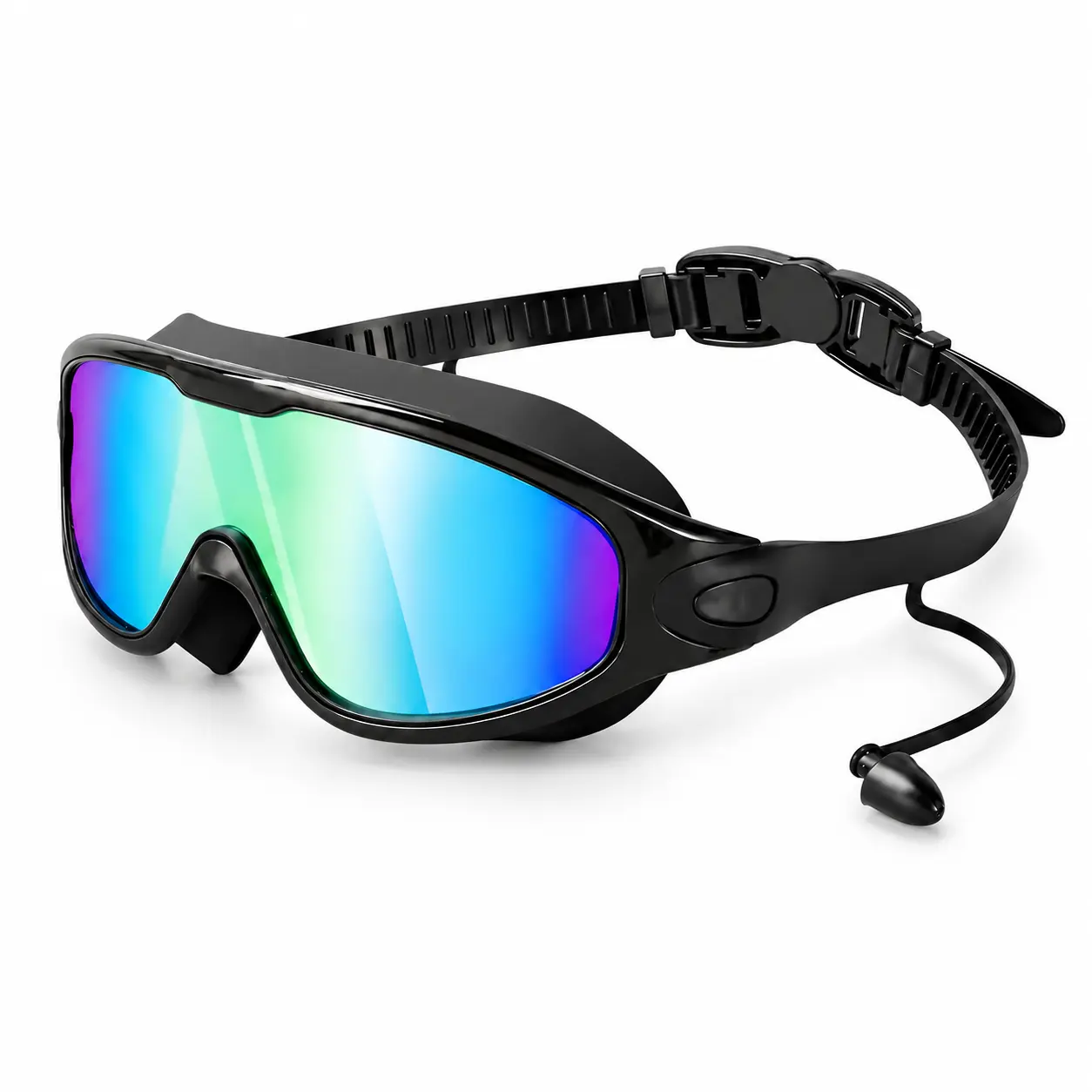 Swimming Goggles with Ear Plugs, Full Coverage Anti Fog Swim Goggles with Mirrored Lens, Adjustable Strap Waterproof Swimming Glasses for Men Women Adults Pool Diving Water Sports