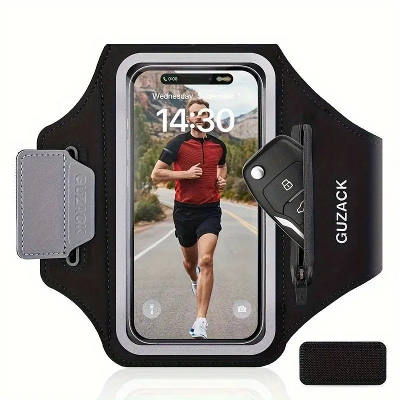 GUZACK Large Anti-Fall Running Sports Armband - Secure Hold Hands-Free Phone Pouch, Fits iPhone 17/16/15/14/13 Pro Max/Plus/Mini, Black Outdoor Fitness Phone Holder for Adults
