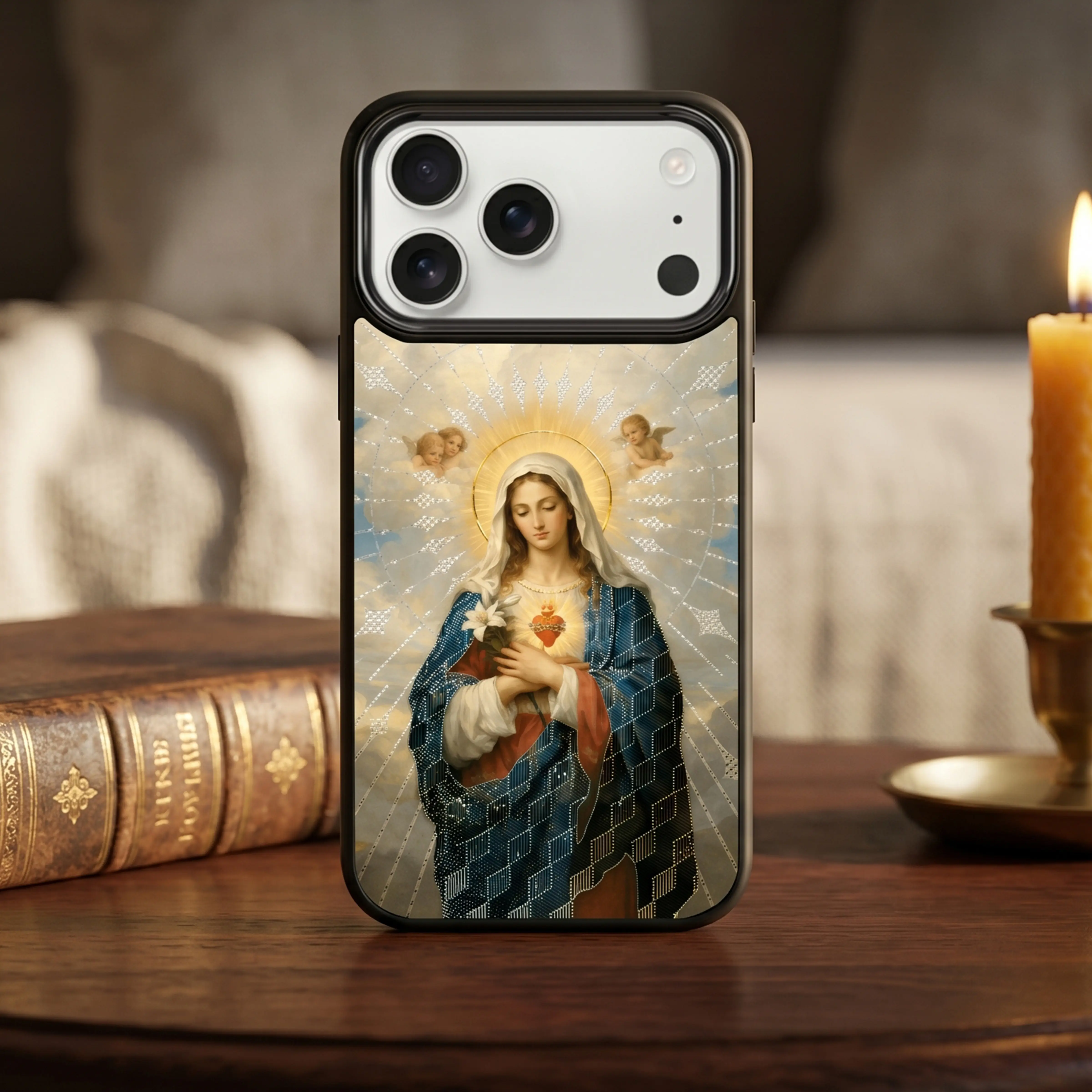 TPU Material Religious Phone Case for iPhone 18/17 Pro Max, 14 Plus - American Retro Elegant 3D Embossed Glossy Our Lady Design, Magnetic Closure, Sparkling Print, Soft Shell Shockproof Protective Cover