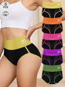 5pcs Women’s High Waisted Colorblock Cotton Panties Set, Soft Stretchy Breathable Brief Underwear with Ribbed Waistband, Seamless Comfortable Daily Wear Lingerie for Work, Travel, Lounge & Everyday Use