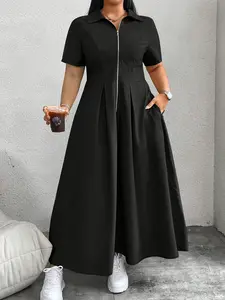 Plus Size Zipper Dress, Waist-Cinch A-Line Long Dress, Summer Short Sleeve, Anti-Wrinkle Fabric, for Office & Daily Wear