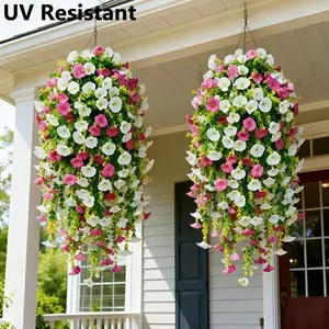 8Pcs Large Artificial Red Lotus & White Morning Glory Hanging Vines, Artificial Flower Decoration, Weatherproof & Maintenance-Free Garland, Artificial Plants for Home, Wedding, Garden Decor, Ideal for Valentine's Day