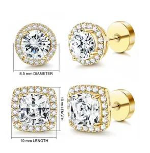 Women's Medical-Grade 316 Stainless Steel Luxury Halo Zircon Plain Stud Earrings 4-Piece Set - Gold/Silver, Round/Square Styles, Low-Sensitivity Copper-Plated Coating, Comfortable Daily Wear, Jewelry Box Included, Gifts for Women