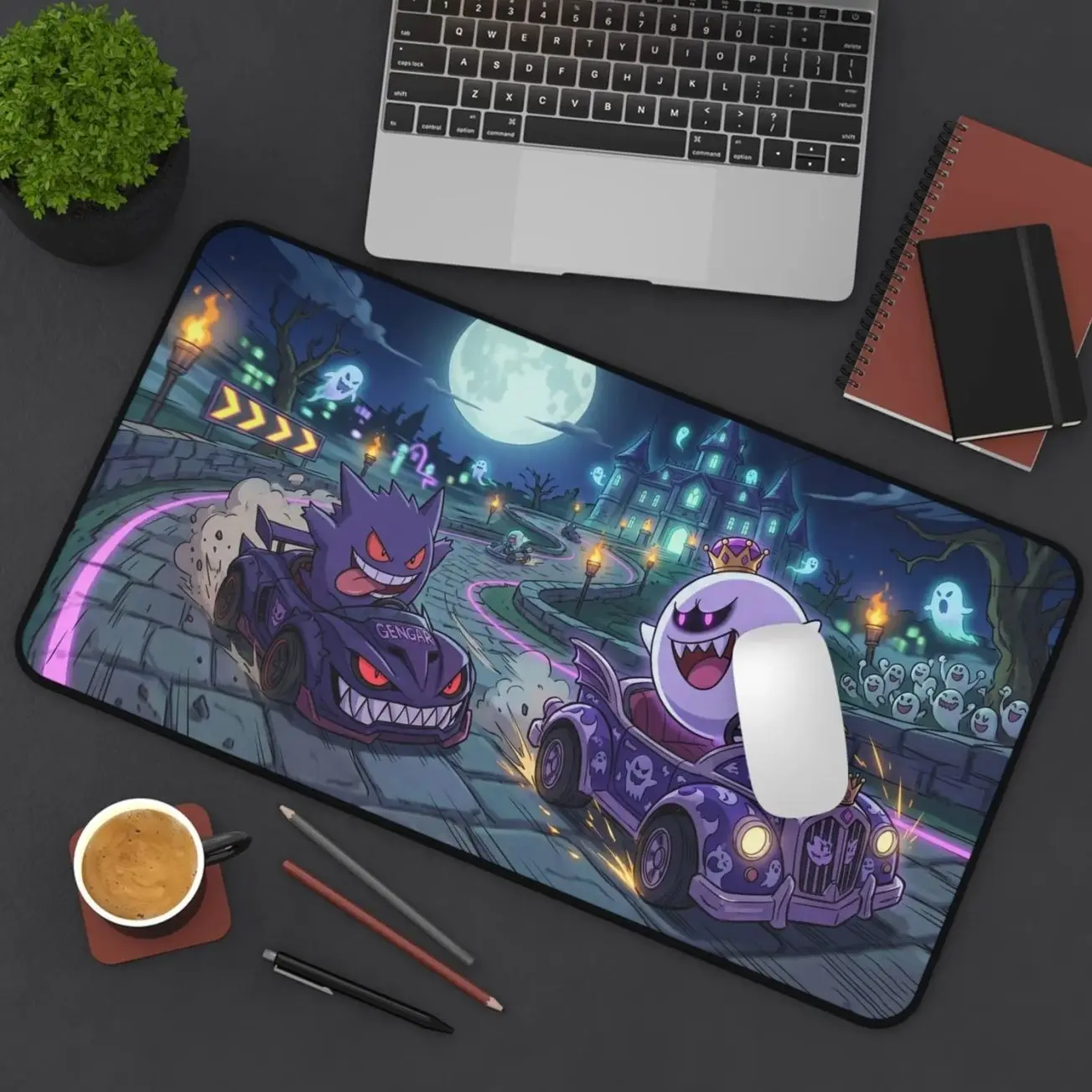 Gengar King Boo Racing Mousepad | Spooky Ghost Desk Mat | Haunted Castle Night Desk Pad | Spooky Gamer Setup Decor | Gift for Her Him
